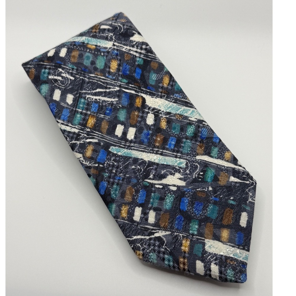 Aloirius Silk Necktie OS Abstract Geometric Italian Blue Gold Retro Professional